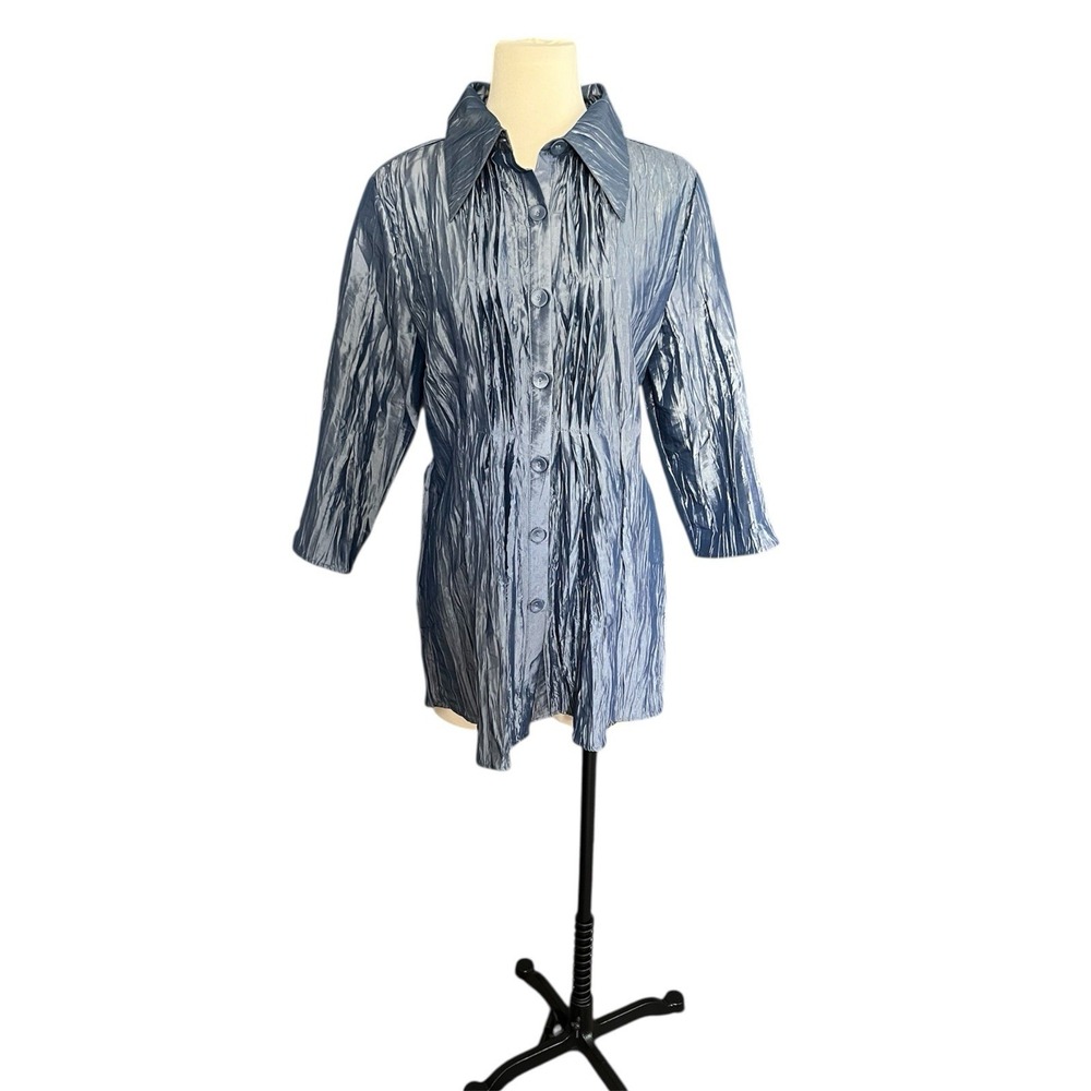 Noelle New Iridescent Blue Crinkle Button Front Tunic Top 8/10 Preppy Festival